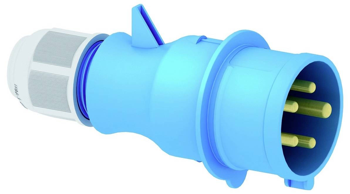 „Blauer mehrpoliger Elektrostecker mit metallischem Gewinde am Ende und Kunststoffgriff, entwickelt für robuste Industrie- oder Außenbereichsstromverbindungen.