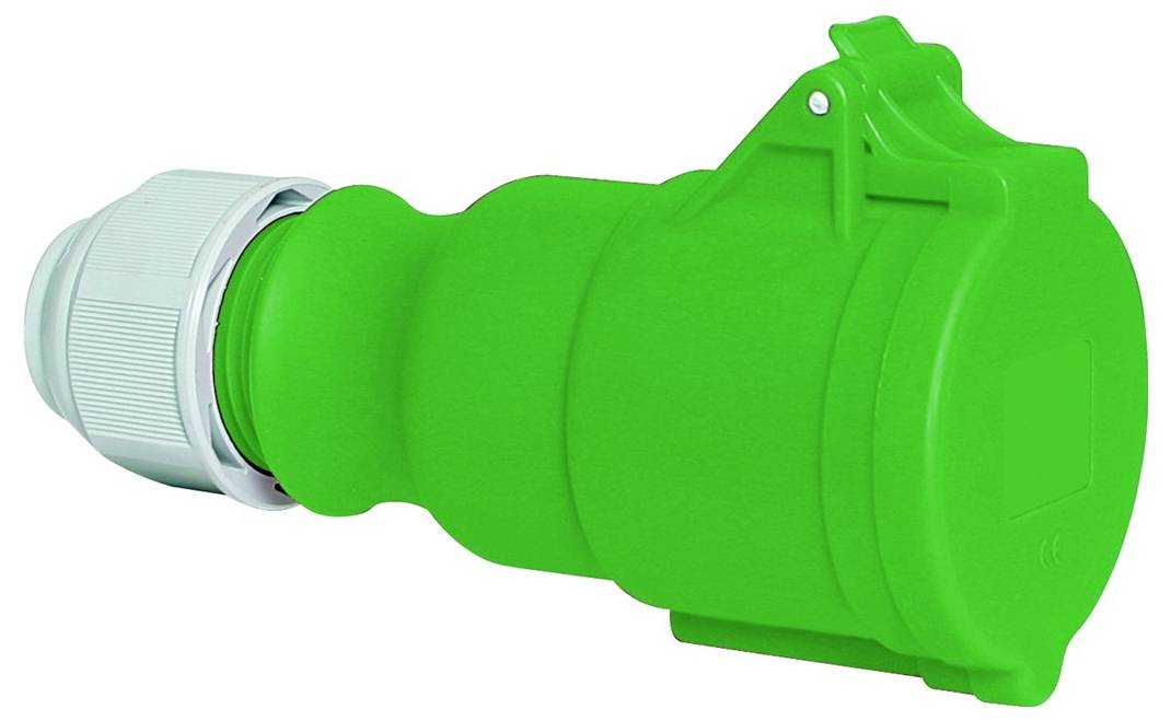 Ein grüner industrieller Steckverbinder mit Drehverriegelungskappe, der für sichere Stromverbindungen in schweren Anwendungen verwendet wird.
