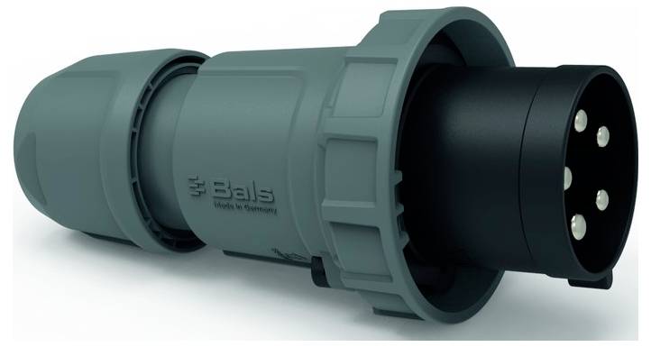 Ein grüner Industrie-Stromstecker mit drei sichtbaren runden Stiften, konzipiert für robuste Elektroverbindungen mit hoher Leistung.