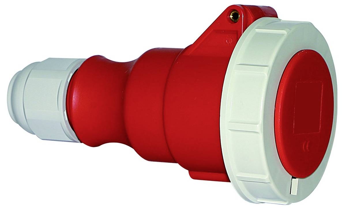 Ein rotes und graues Industrialsteckersystem mit Verriegelung und dem Markennamen Bals.