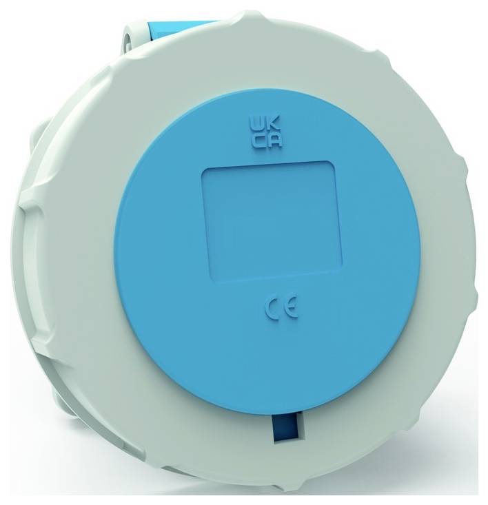 Ein kreisförmiges Gerät mit einer blauen Frontplatte, kleinem Bildschirm und WKCA- sowie CE-Kennzeichnungen, die wahrscheinlich die Einhaltung spezifischer Standards anzeigen.