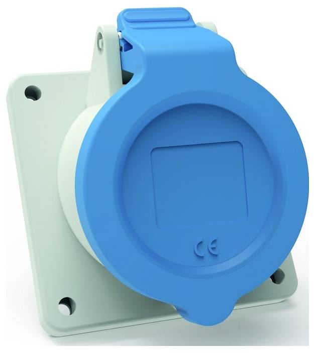 Eine blaue Industriesteckdose mit Schutzkappe und CE-Kennzeichnung, montiert auf einer hellgrauen quadratischen Grundplatte, verwendet für elektrische Verbindungen.