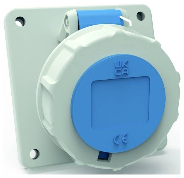 Eine grau-blaue Industriesteckdose mit Schutzabdeckung, mit den Symbolen „WK CA