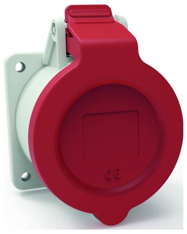 Eine rote Industriesteckdose mit Schutzkappe, montiert auf einer hellen Basis. Die Steckdose ist für den Dauereinsatz konzipiert.