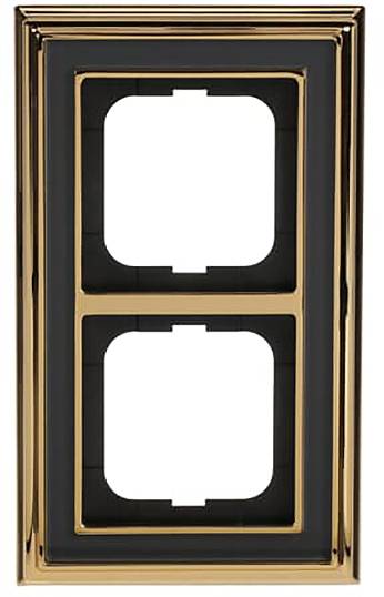 Ein goldfarben aussehender Elektroschalterrahmen mit zwei rechteckigen Schlitzen für Schalter oder Steckdosen, mit hochglänzender Oberfläche.