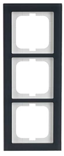 Ein schwarzer vertikaler dreifacher Rahmen mit drei quadratischen Öffnungen für Elektroschalter oder Steckdosen, in einer einzelnen Spalte angeordnet.