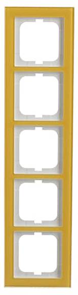 Ein vertikaler orangefarbener Rahmen mit fünf quadratischen Öffnungen, die in einer einzigen Spalte angeordnet sind.