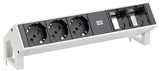 Eine doppelte Steckdose in einem dunklen Rahmen mit zwei runden Steckplätzen und Erdungslöchern, konzipiert für die Installation in einem Schaltpanel.