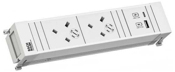 Dual-Socket Steckdosenleiste mit zwei USB-Anschlüssen, entwickelt für moderne Ladeanforderungen, mit schlankem, kompaktem Design für effiziente Nutzung.