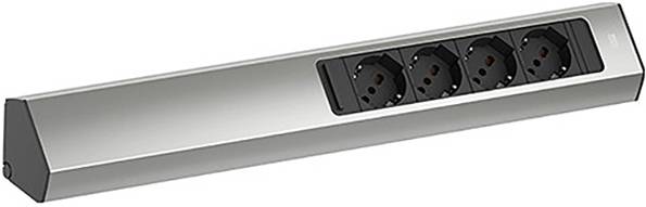 Silberne Steckerleiste mit vier europäischen Steckdosen, Winkeldesign.