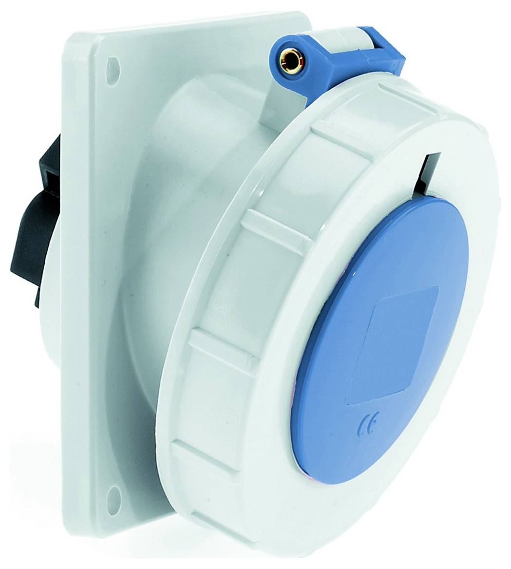 Ein blau-weißes Elektrosteckdosen-Steckersystem mit Schutzabdeckung, das für industrielle oder schwere Anwendungen verwendet wird.
