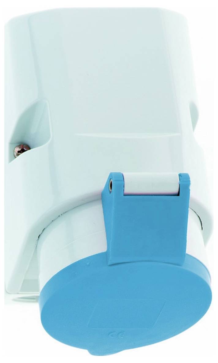 Eine weiße Steckdose mit blauem Schutzdeckel, konzipiert für den Außenbereich. Sie verfügt über eine Schutzlasche und ist abgewinkelt, um besseren Wetterschutz zu bieten.