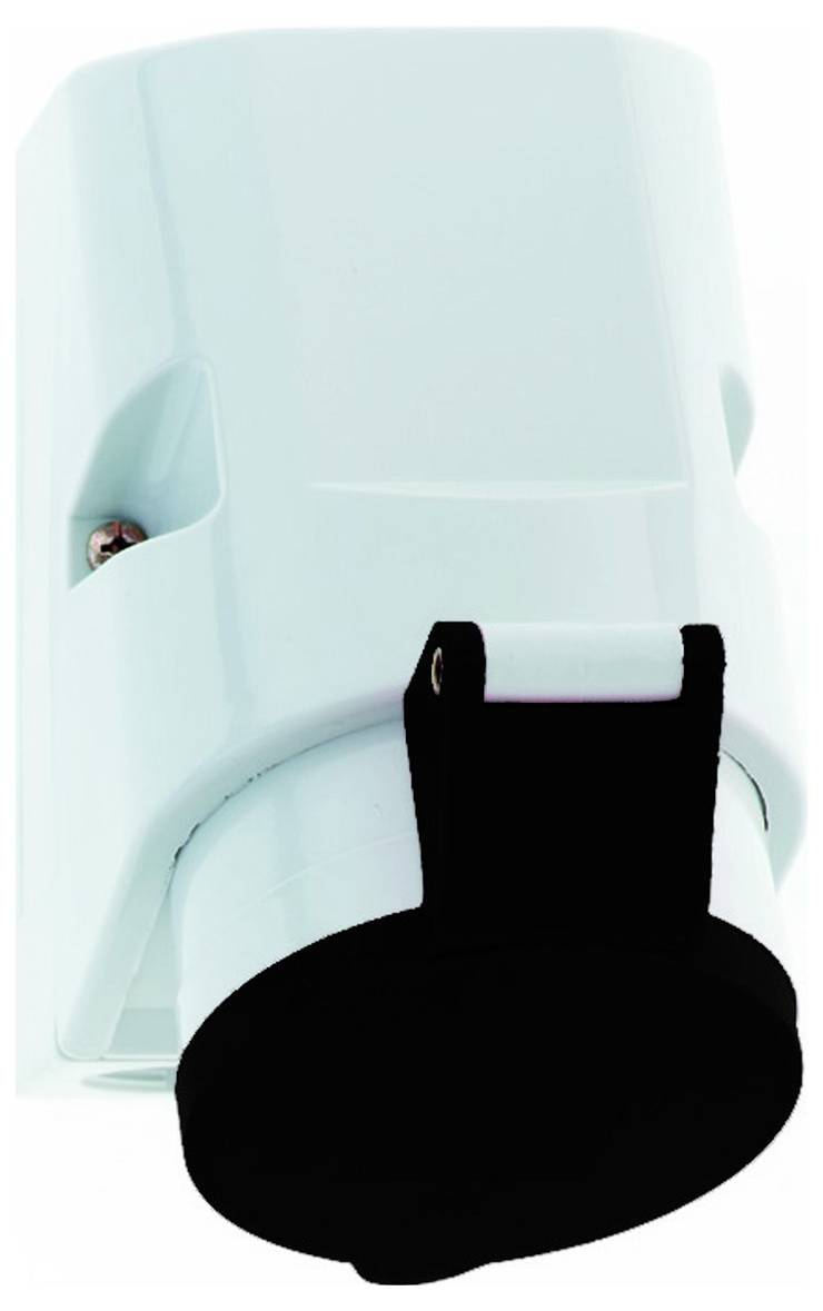 Ein hellblaues wandmontiertes Gerät mit schwarzer Basis, möglicherweise ein Sensor oder eine Kamera, vor einem einfachen weißen Hintergrund.