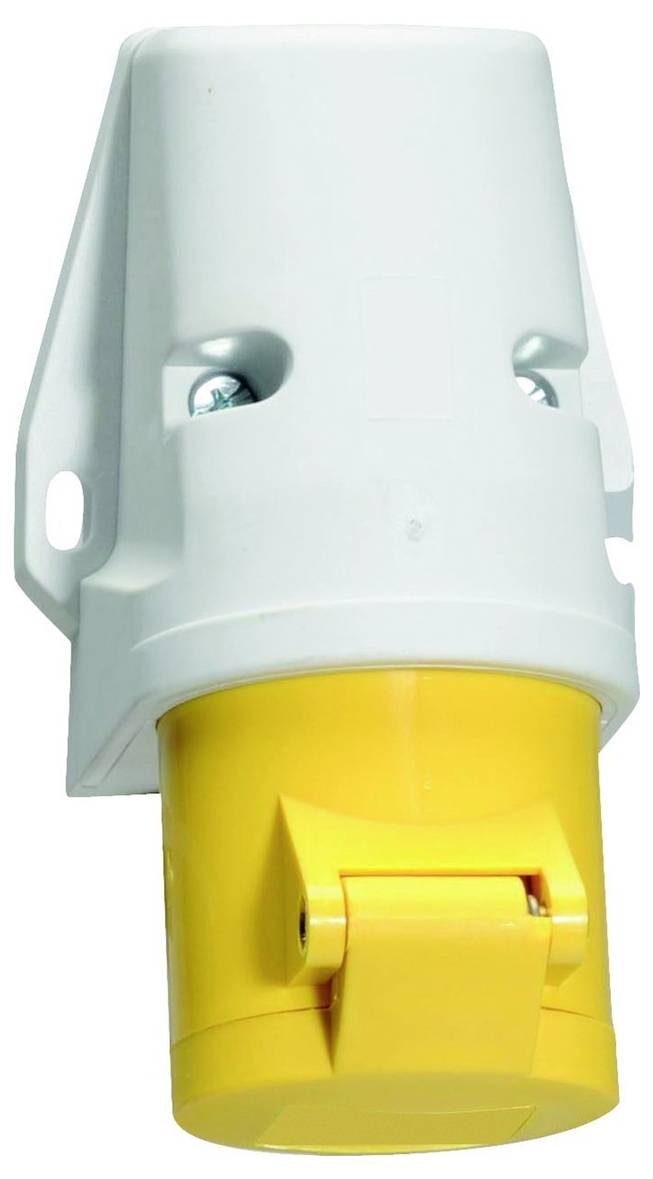 Grüner Industrie-Stromstecker mit drei Metallstiften und grauem Anschluss, verwendet für Hochlast-Stromverbindungen.