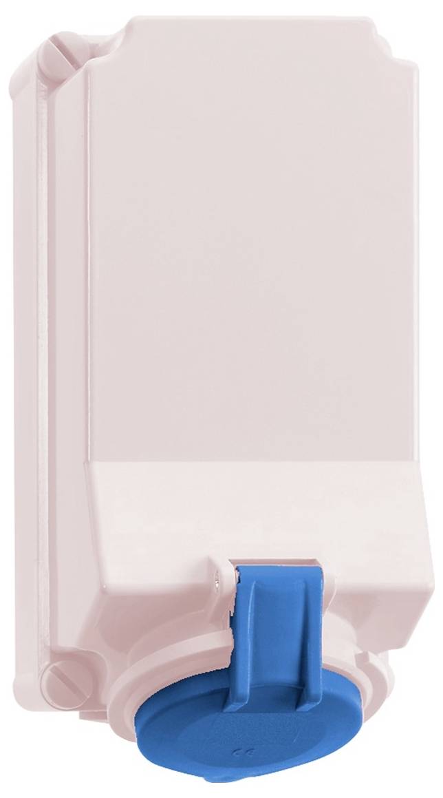 Eine rosa Steckdose mit Abdeckung und einem blauen Stecker.