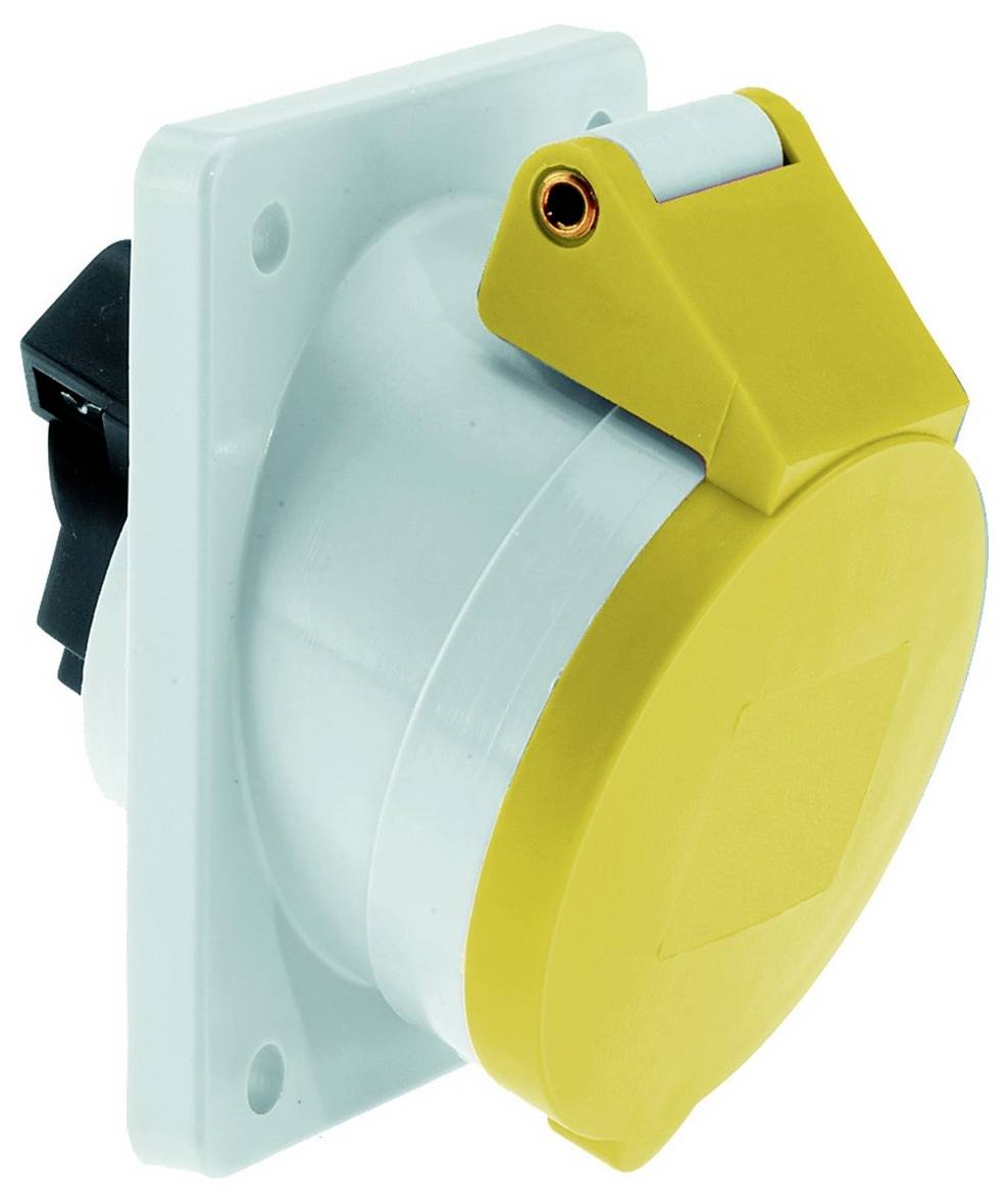 Industrielle elektrische Schaltanlage mit grauem Gehäuse, bestehend aus einer Schutztür, einem runden Schalter und einer roten Verriegelungsklinke.