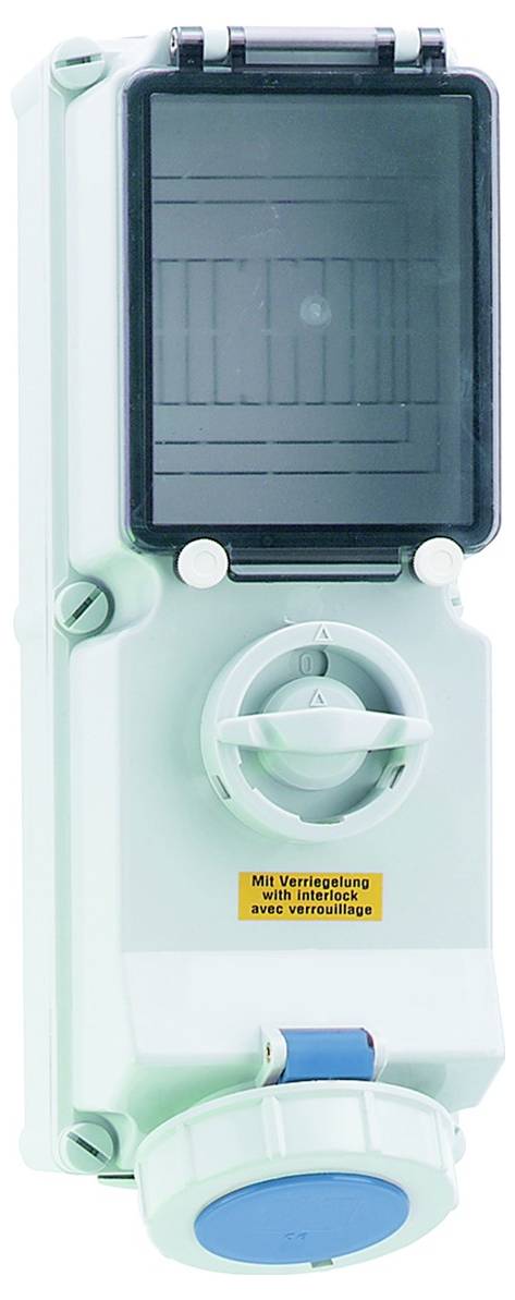 Eine graue Elektroschalterbox mit einem dunklen rechteckigen Display, einem großen runden Drehknopf und einem prominenten blauen Knopf am unteren Ende.