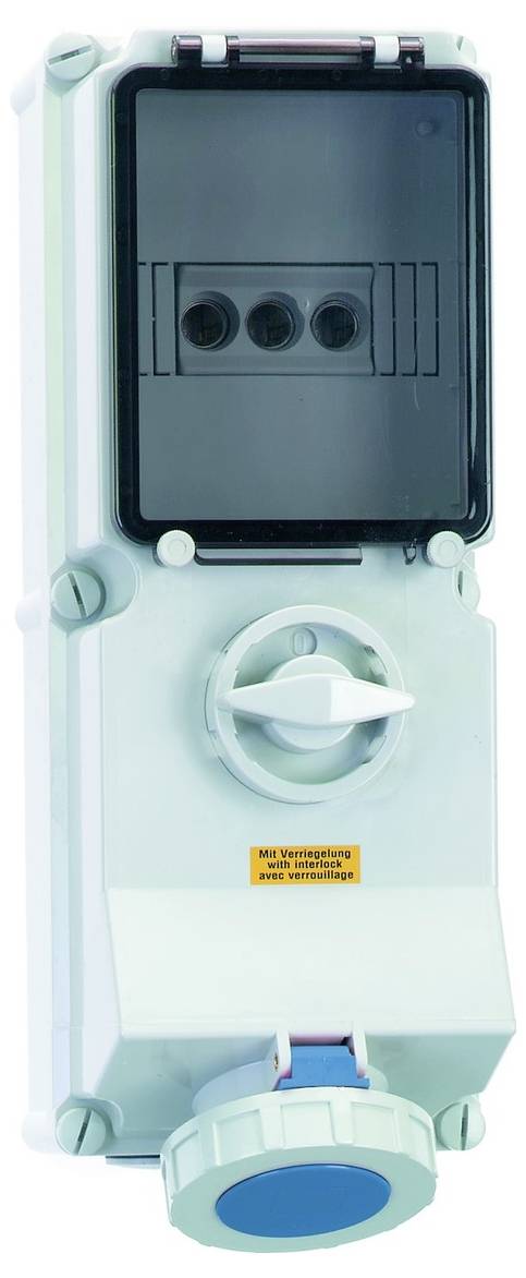 Ein vertikales elektrisches Gehäuse mit transparenter Abdeckung und einem Zifferblatt, möglicherweise ein Schalter oder Steuerkasten, mit einer oberen Reihe von drei Löchern.