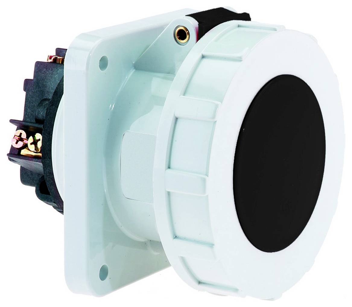 Eine runde, hellblaue elektrische Wandsteckdose mit schwarzem Mittelteil, die für Hochleistungsverbindungen ausgelegt ist und mehrere Anschlusspoints zeigt.