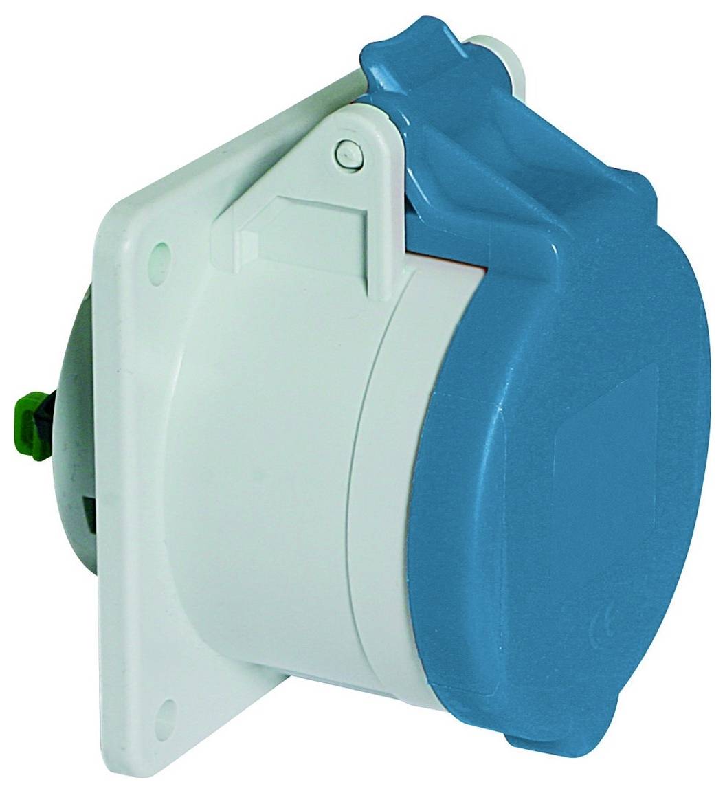 Blaue und weiße Steckdose mit Schutzdeckel auf einer Montageplatte.