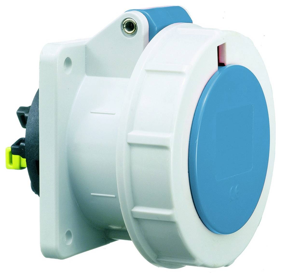 Elektrischer Steckdosenauslass, wandmontiert mit blauer Abdeckung und weißem Gehäuse, konzipiert für industrielle Verwendung und robuste elektrische Verbindungen.