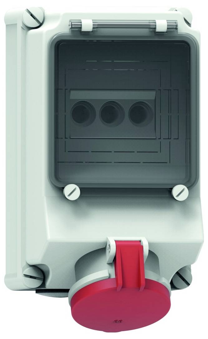 Ein graues Elektrogehäuse mit durchsichtiger Abdeckung und drei kreisförmigen Öffnungen, mit einem roten Schalter unten.