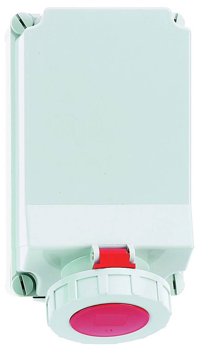 Eine Nahaufnahme eines gelben industriellen Elektrosteckers mit grauem Stecker, der die Kontaktstifte und den Verriegelungsmechanismus zeigt.