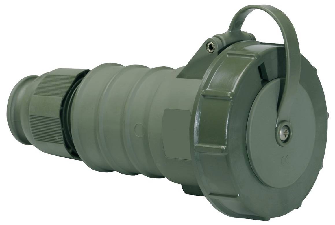 Ein grüner Industrie-Stecker mit Schutzkappe, mit geriffeltem und zylindrischem Design für robuste Elektroverbindungen.