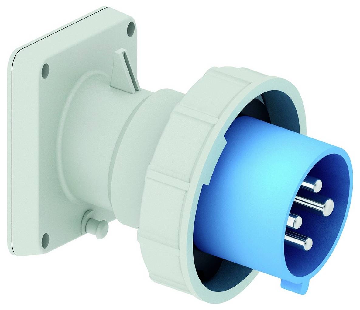 Ein blauer Industrie-Stromstecker mit drei silbernen Stiften, die an einer hellgrauen Montageblatte befestigt sind.