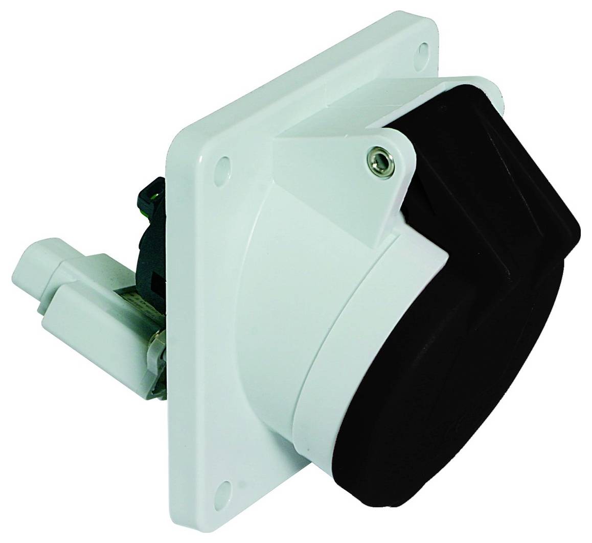 Eine weiße elektrische Wandsteckdose mit schwarzer Schutzabdeckung, konzipiert für den Außenbereich, mit robustem, wetterbeständigem Design.