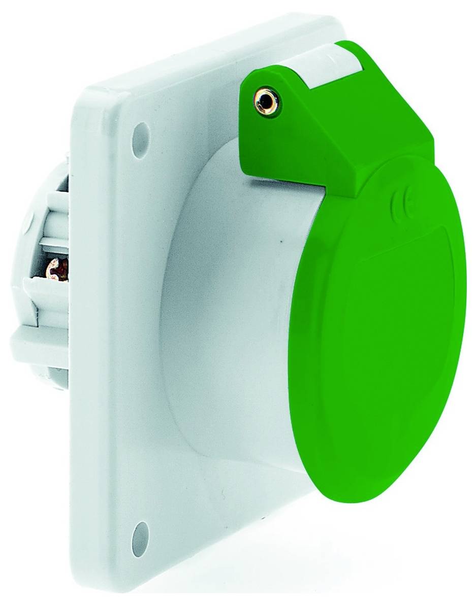 Grüne und weiße Kunststoff-Steckdosenschutzabdeckung mit Schutzlasche, von der Seite betrachtet.