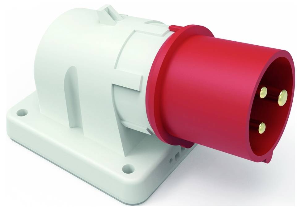 Ein roter Industrie-Stromstecker mit drei Messingkontakten, eingelassen in einem weißen rechteckigen Gehäuse, entwickelt für schwere elektrische Verbindungen.