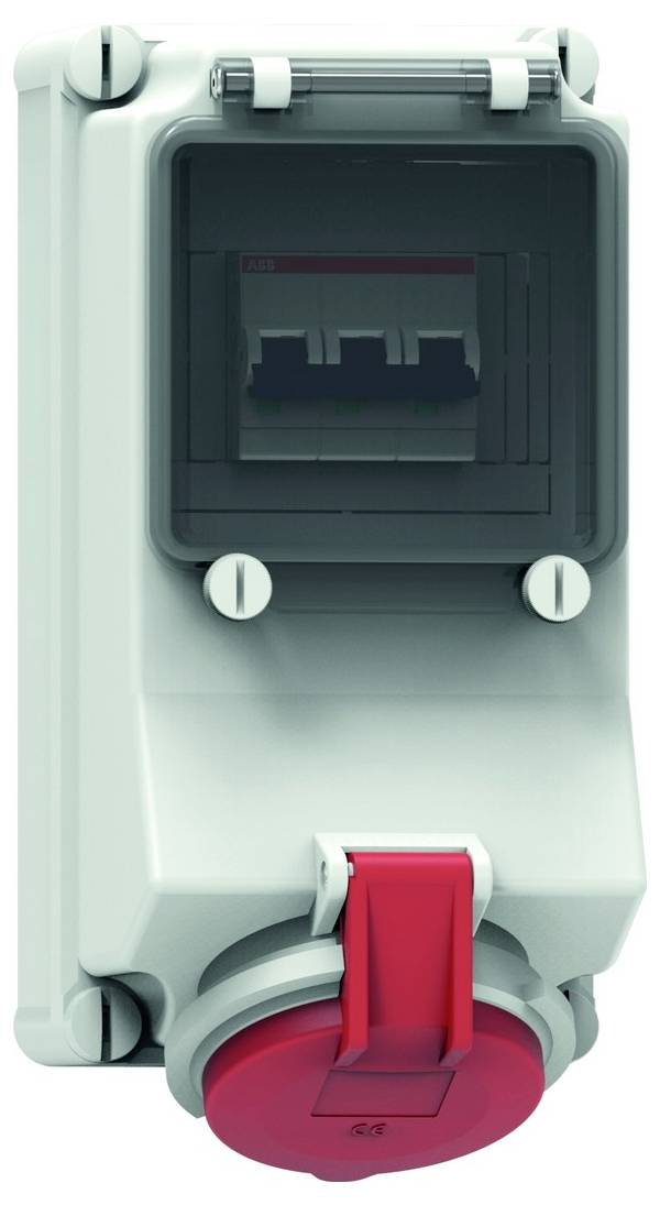 Ein elektrisches Schaltgeräte mit Schutzgehäuse verfügt über einen großen roten Drehgriff an der Unterseite, der für den industriellen Einsatz konzipiert ist.