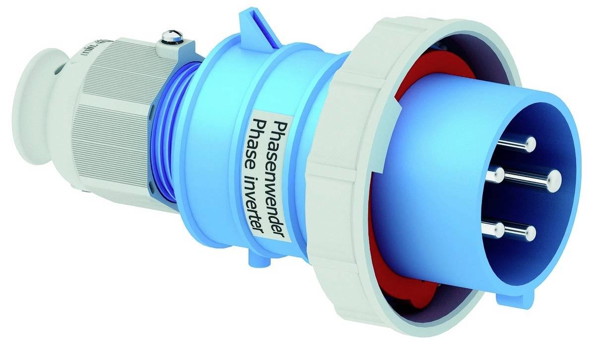 Ein blauer und grauer Stromstecker mit der Bezeichnung „Phasenwender Phase inverter