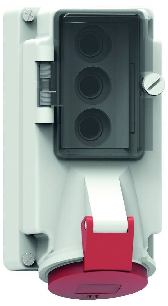 Eine graue Industrie-Wandsteckdose mit transparenter Abdeckung, drei kreisförmigen Anschlüssen und einem roten Verriegelungsmechanismus am unteren Ende.