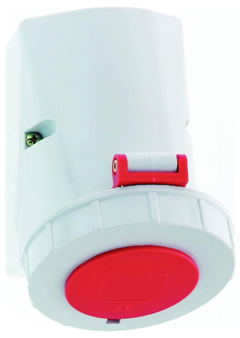 Ein weißer Industrie-Stecker mit roter Rundkappe, ausgestattet mit einem Verriegelungsmechanismus für sichere elektrische Verbindungen in anspruchsvollen Umgebungen.