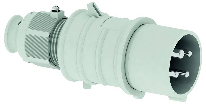 Ein Nahaufnahmebild eines industriellen elektrischen Stecker- und Steckerverbinders mit mehreren Kontakten, das seine Konstruktion und Konstruktionsdetails zeigt.