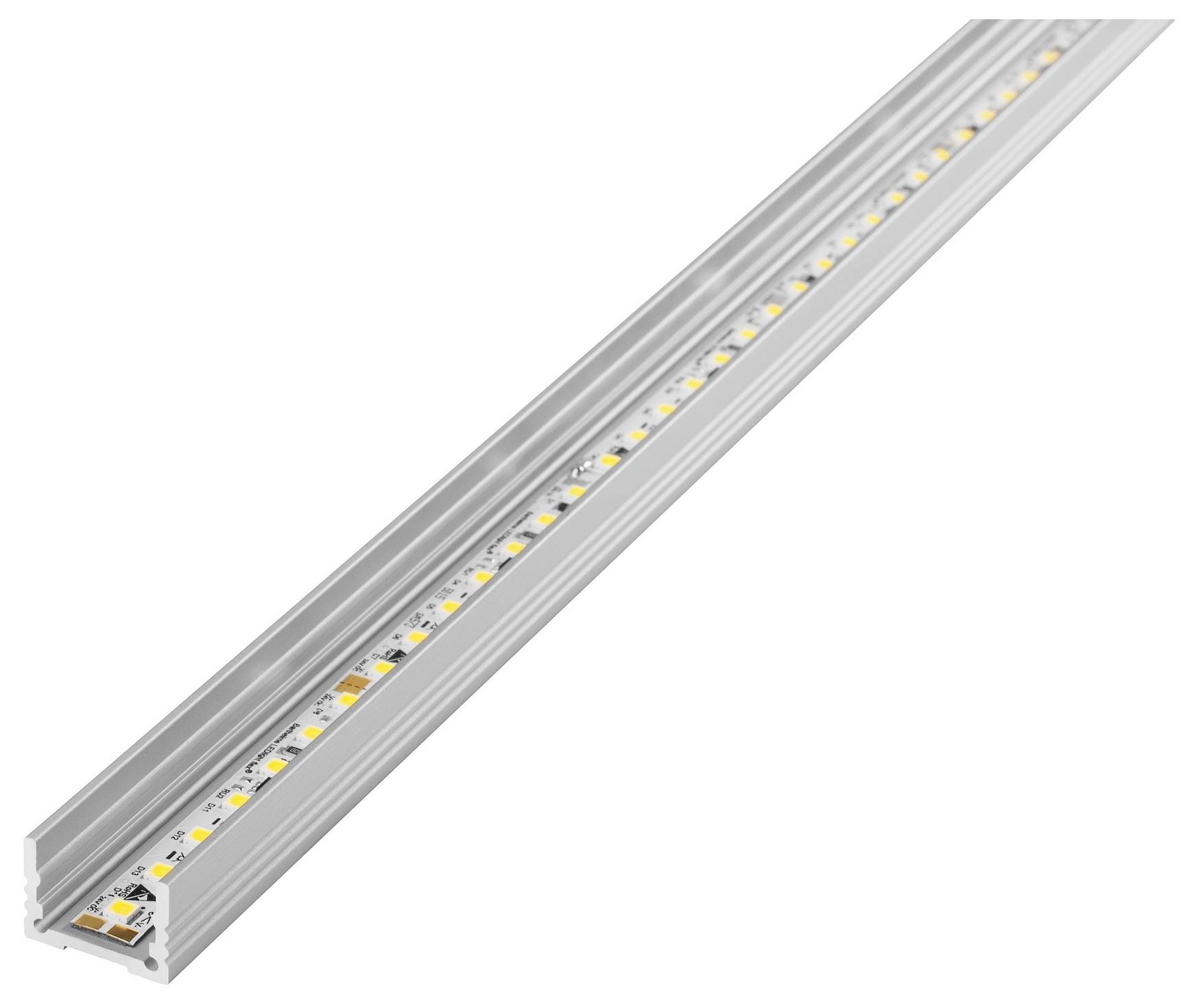 Ein LED-Streifen aus Silber in einer Aluminium-Verkleidung, der mehrere kleine LED-Leuchten über seine gesamte Länge zeigt und für lineare Beleuchtungsanwendungen konzipiert ist.