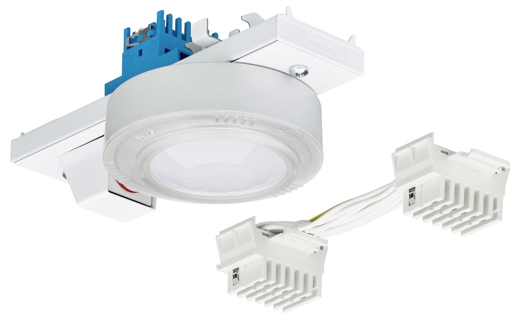 Deckenmonierter Bewegungsmelder mit kreisförmigem Design und zwei weißen Anschlüssen, verwendet zur Bewegungserkennung und Steuerung von Beleuchtungssystemen.