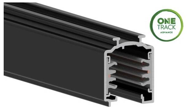 Ein schwarzes und silbernes Aluminiumprofil mit mehreren Kanälen für elektrische Komponenten. Ein grünes kreisförmiges Logo mit der Aufschrift „ONE TRACK ADVANCE