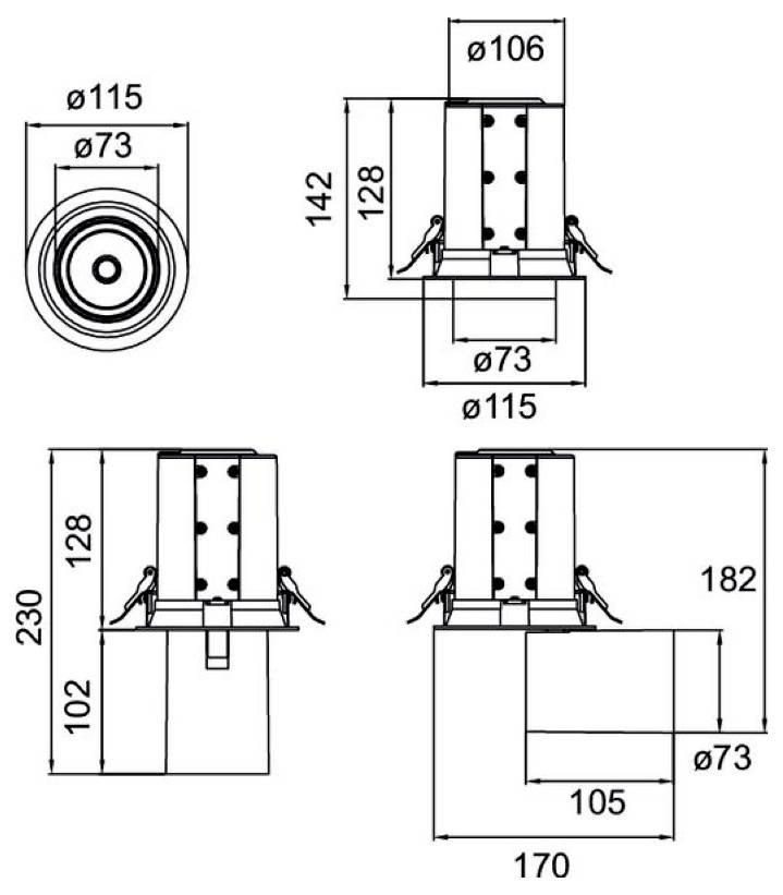 Technische Maßzeichnung einer zylindrischen mechanischen Komponente mit Draufsicht und Seitenansicht, die Durchmesser ø115, ø106, ø73 und Höhen 142, 128, 230, 182, 105 und 170 mm zeigt.