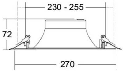 Technische Maßzeichnung einer Lüftung oder eines Dachabschlusses, die eine Breite von 230–255, eine Höhe von 72 und eine Basisbreite von 270 mit seitlichen Befestigungswinkeln zeigt.