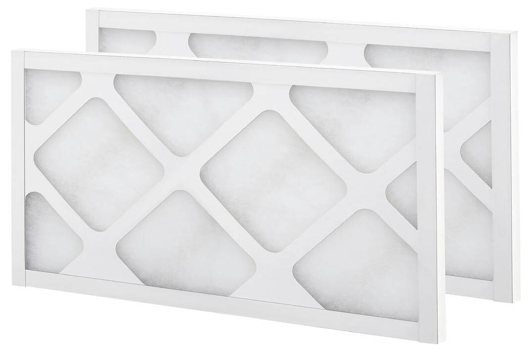 Zwei rechteckige Luftfilter mit weißen Rahmen und rautenförmig gemustertem Gitter, nebeneinander angeordnet.