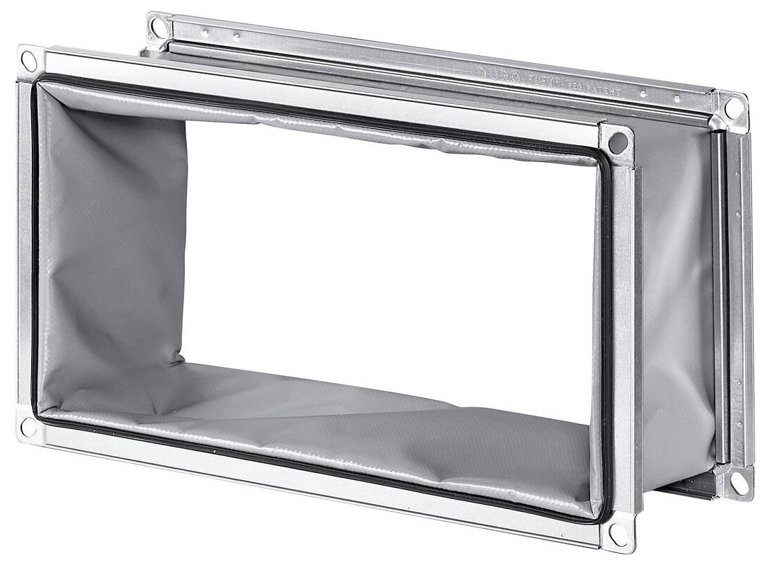 Rechteckiger Metallkanalverbinder mit flexibler grauer Auskleidung, verwendet in HVAC-Systemen zur Vibrationsisolierung und Lärmreduction.