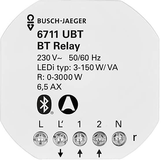 Busch-Jaeger 6711 UBT BT Relais-Gerät, Nennspannung 230V, 50/60Hz. LED-Typ: 3-150 W/VA. Kompatibel mit Bluetooth, 0-3000W, 6,5 AX.