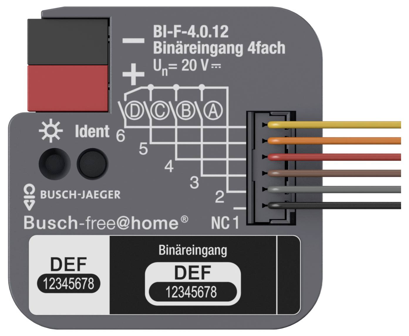 Binäreingabemodul mit mehreren Drahtverbindungen, beschriftet A bis D. Text umfasst Modell BI-F-4.0.12. Marke: Busch-Jaeger.
