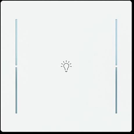 Ein weißes intelligentes Lichtschalter-Panel mit einem Glühbirnensymbol in der Mitte. Zwei vertikale blaue LED-Streifen befinden sich auf der linken und rechten Seite.
