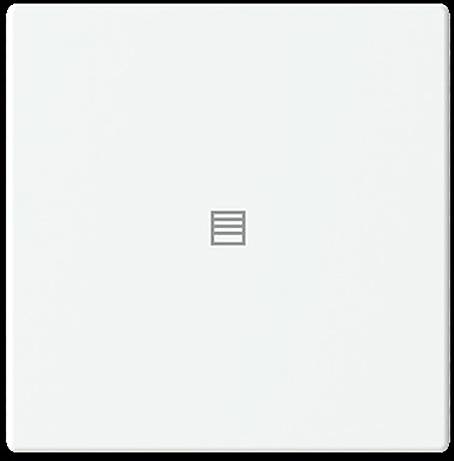 Eine Nahaufnahme einer leeren weißen quadratischen Oberfläche mit einem kleinen Symbol aus horizontalen Linien in der Mitte, das einem Menüknopf ähnelt.