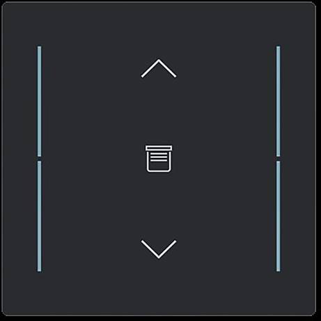 Ein schwarzes quadratisches Panel mit Pfeil nach oben und Pfeil nach unten sowie einem Papierkorb-Symbol in der Mitte, wahrscheinlich zur Anzeige von Scroll- oder Löschaktionen.