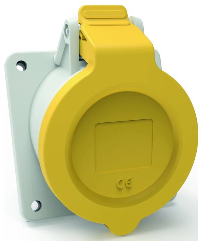 Eine gelbe Steckdose für Industriegebrauch mit drei Schrauchlöchern zur Wandmontage, konzipiert für schwere Lasten.